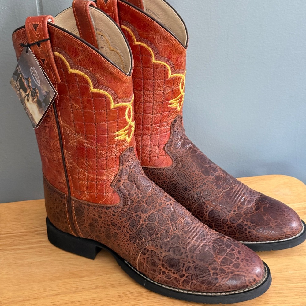 NWT Old West CW2522Y Brown Orange Leather Youth Cowboy Boots Sz 6‎ Fits Wmns 8